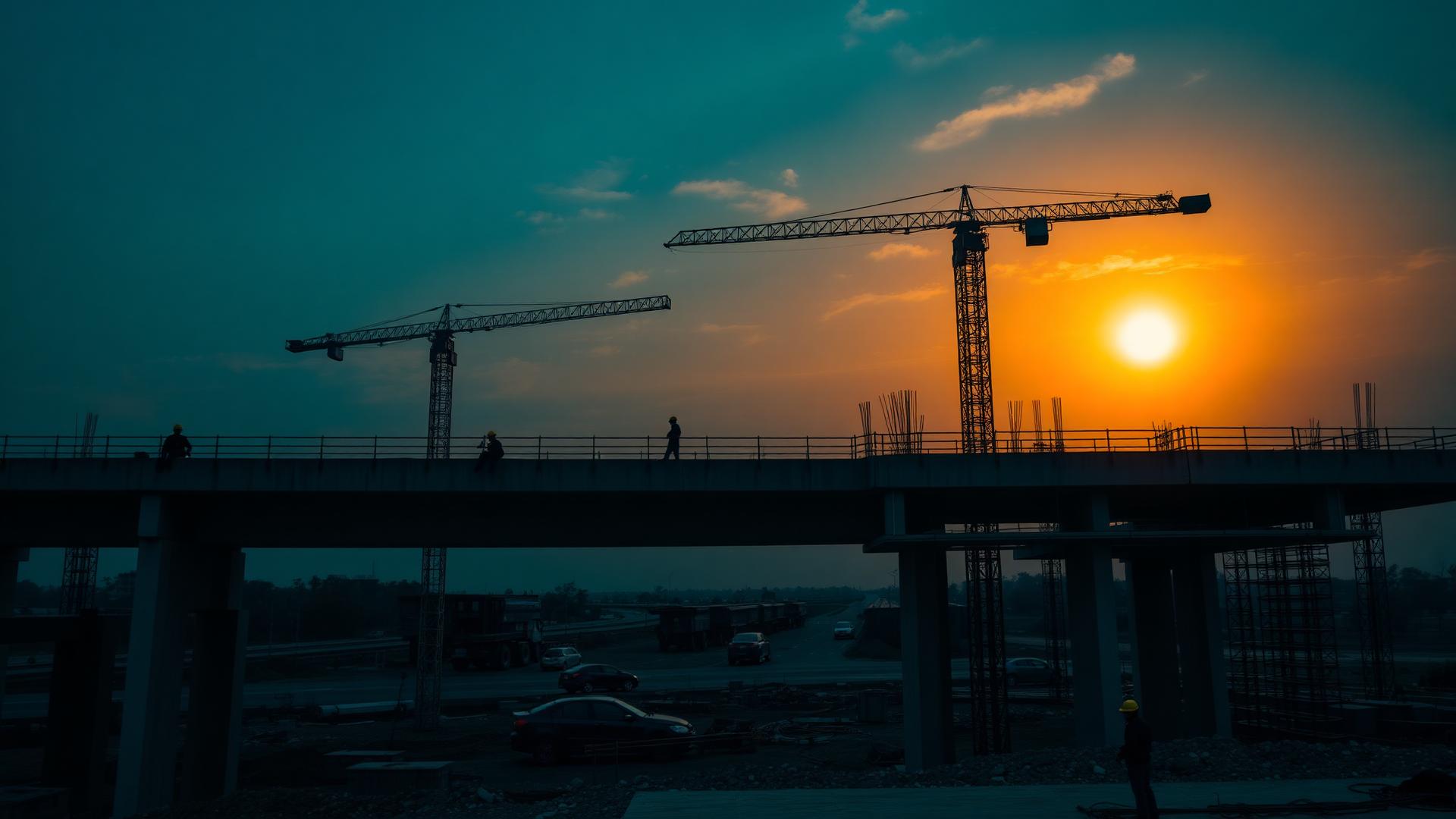 Government flyover and bridge construction site at dusk